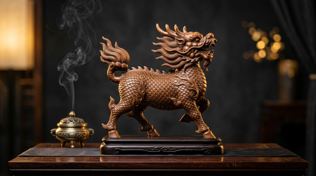 麒麟木雕擺件 鎮宅招財瑞獸 金時代空間