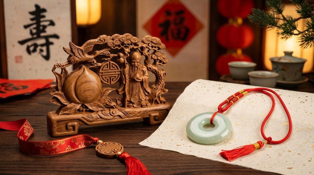 祝壽禮物示意：松鶴壽桃木雕擺件與翡翠平安扣，紅絲帶與壽字書法