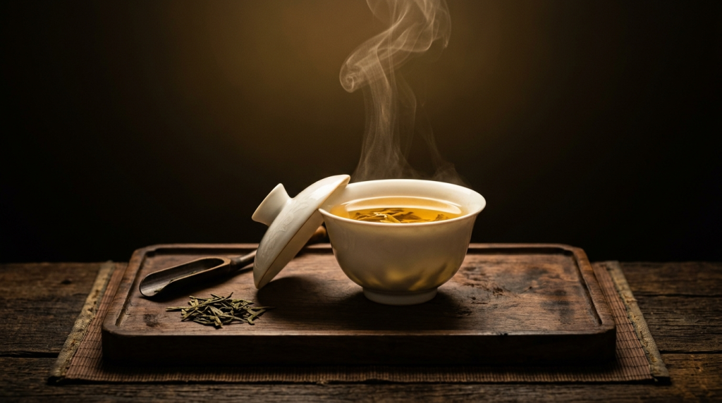 白瓷蓋碗與金黃茶湯，茶道入門泡茶器