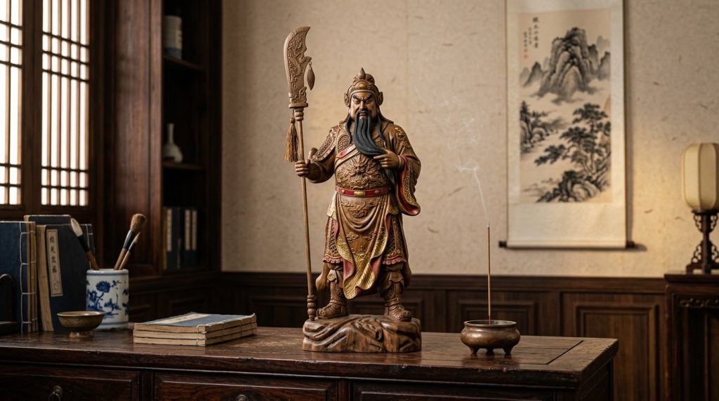 木雕關公像立於書房木櫃上，旁有點燃的臥香，莊嚴大氣