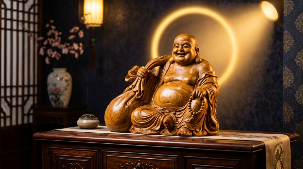 笑口常開的樟木彌勒佛木雕坐像擺放於玄關櫃上
