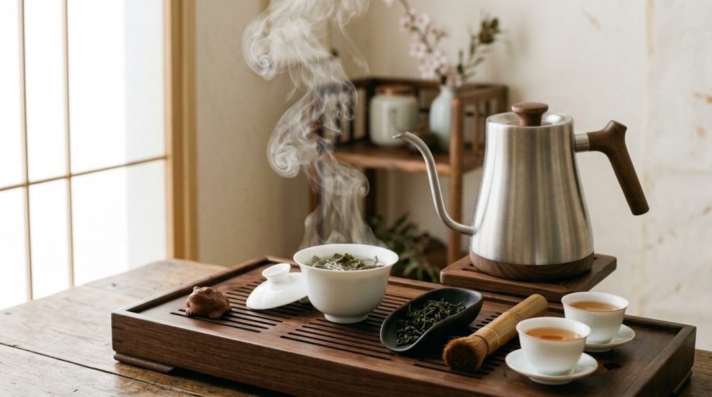 泡茶水溫示意：白瓷蓋碗冒著熱氣、細嘴壺注水、茶盤與烏龍茶葉