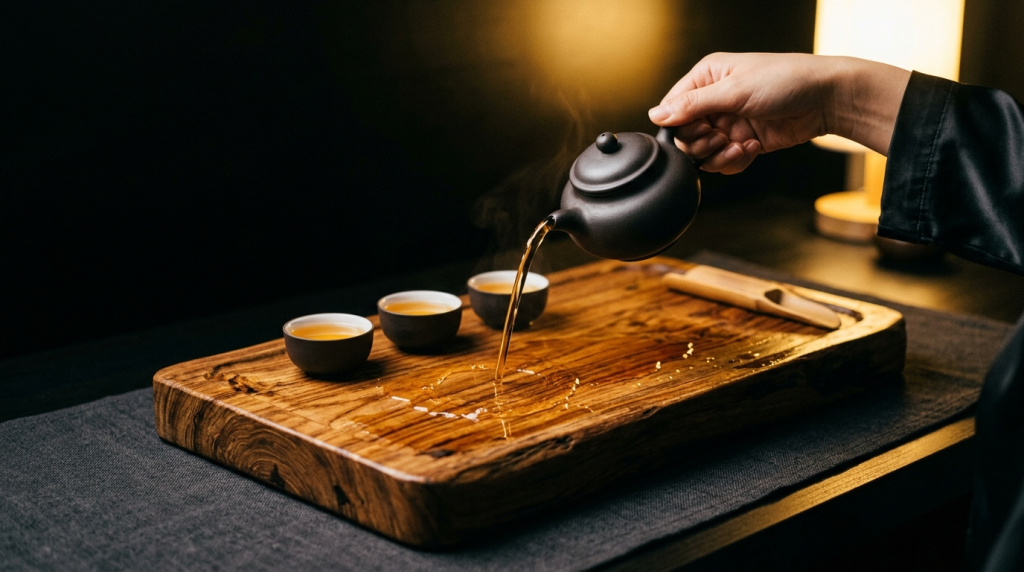 整挖實木茶盤上的紫砂壺與品茗杯，茶湯淋盤養出光澤