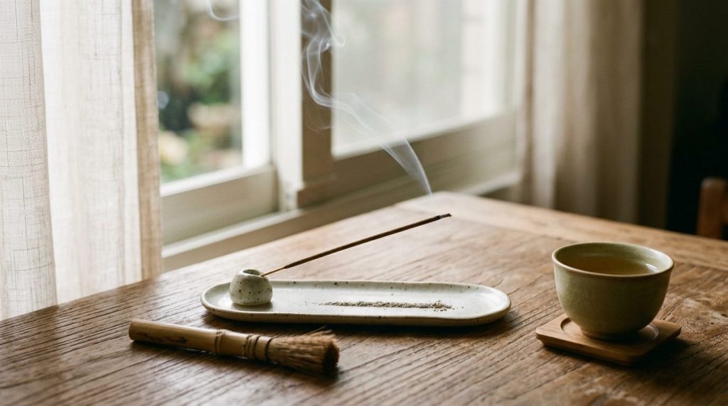 窗邊點一支天然臥香，白煙升起，香盤上一線香灰，旁邊有小刷與茶杯，示範日常用香